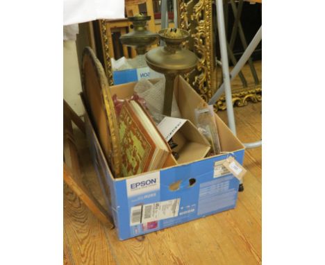 A brass oil lamp, assorted implements, two albums, pair of modern tubular metal folding chairs, etc.