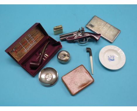 Smoking accessories, pig-skin cigarette case, novelty hurling ash-tray, unused Dunhill pipe, etc. (9)