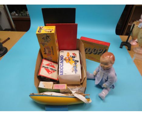 Toys and games, boxed Pelham puppet wolf, Star pond yacht, Waddington's Monopoly and Scoop, and Meccano parts