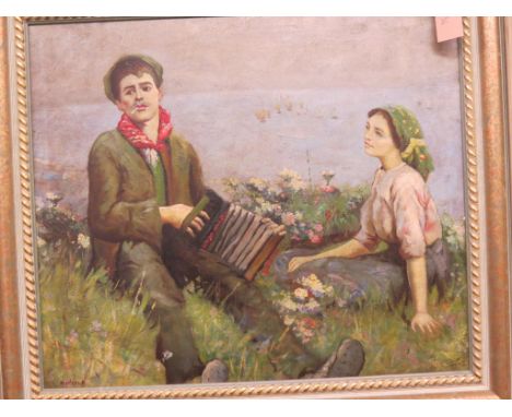 An oil on canvas - male seated playing accordion, female companion alongside, indistinctly signed, 20 x 23in.