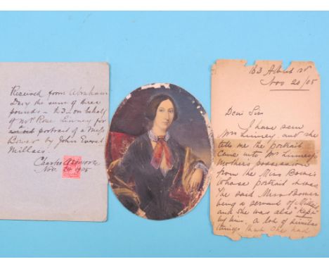 Attributed to John Everett Millais - half-length portrait on card, sitter believed to be Miss Bower, apparently a "kept serva