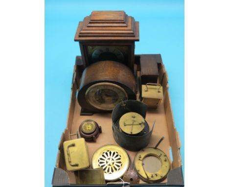 A period-style bracket clock, with square brass dial, 13.5in., an oak-cased mantel clock and other smaller clocks and parts, 