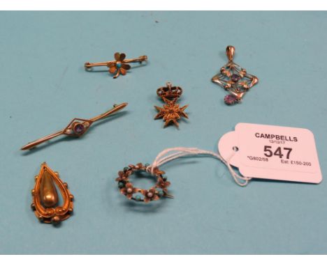 An Edwardian 15ct. gold bar brooch, set amethyst and seed pearls, a yellow metal bar brooch, gilt-metal coronet pendant, gold