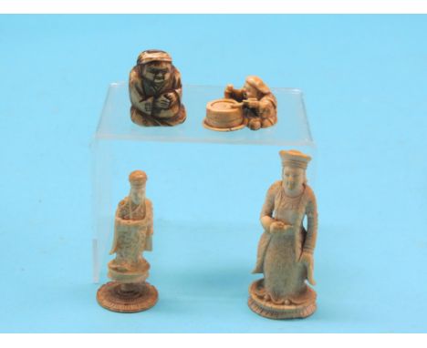 A small ivory netsuke, Meiji period, male seated at drum, one other netsuke, a.f. and two Eastern carved figures, tallest 3in