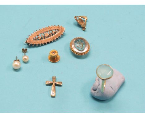 An engraved 9ct. gold bar-brooch, Essex crystal in yellow metal mount, 9ct. gold cross, pair of pearl-type ear-studs, black o