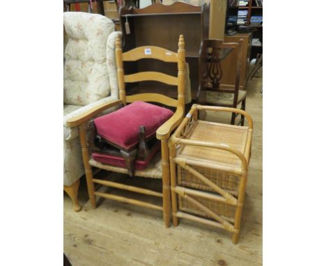 A mahogany dwarf bookcase, with drawer, 1ft. 10in., pair of upholstered mahogany footstools, ladder-back elbow chair, a bedro