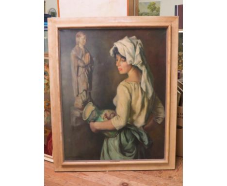 •Francisco Ribera Gomez (1907-1990) - oil on canvas, half-length portrait of a young lady carrying pitcher, sculpture of wors
