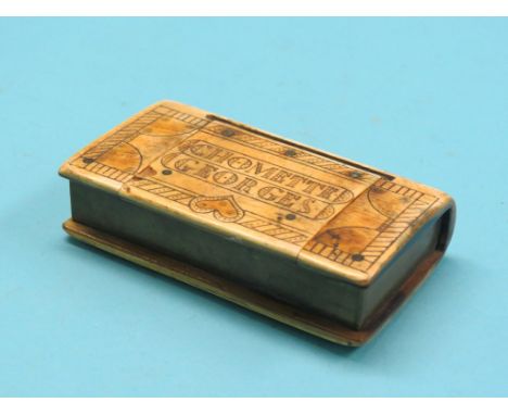A 19th century French horn snuff box, book-form engraved Chomette Georges, a crossed carbine and sword to reverse, 3.5in.