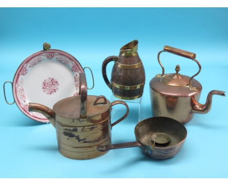 A Victorian copper kettle, brass-bound oak pitcher, copper watering can, Victorian copper saucepan and a copper and ceramic h