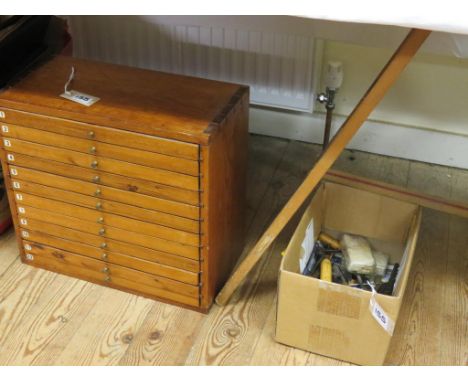 A carton containing assorted hand-tools, and a pine filing chest, twelve drawers containing screws, nuts, bolts, etc.