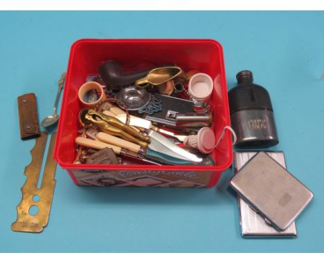 Small collectables, including Nagasaki souvenir spoon, novelty nut-cracker, leather-mounted hip-flask, etc.
