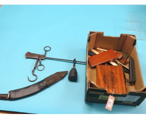 A steelyard-type weighing scale, Ghurka kukri within repaired sheath, various hand-tools, etc.