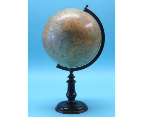 A 19th century French globe, by C. Perigot, revolving on ebonised pedestal stem, 18in. high - Indian areas damaged