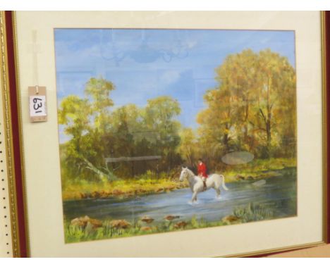 A modern oil on canvas, view from seashore, a pastel sketch, huntsman crossing a river, and other framed pictures