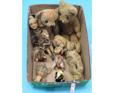 Four small Steiff animals, with characteristic button signatures, an English pre-war Teddy bear and three other toys