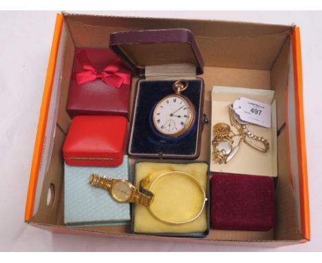 A small assortment of silver jewellery, engine-turned silver Sovereign case, lady's wristwatches by Tissot and Smiths, etc. 