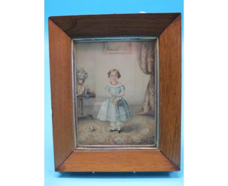 An early Victorian watercolour, full-length portrait of a young girl carrying basket of flowers, unsigned, in rosewood frame,