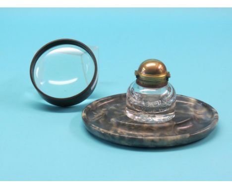 A 19th century Betjemann's Patent inkwell, with double-hinged brass cover, underside hobnail-cut glass, on oval marble stand,