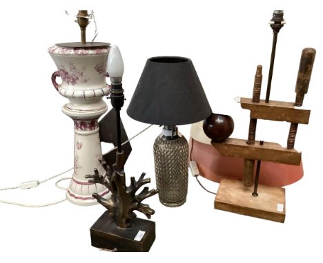 Four table lamps to include, a bronze lamp in the form of coral on cast rectangular base; a converted soda syphon lamp with w