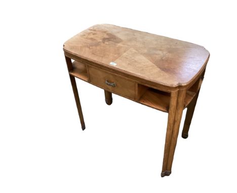 Art deco folding card table with green baize interior.  Sun bleaching to top. 79 cm W with an adjustable bedside reading tray