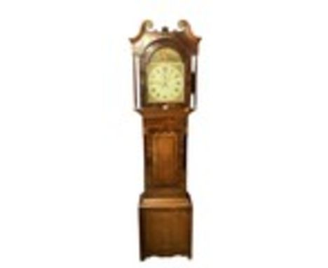 A Georgian mahogany and oak cased 30 hour long case clock, lead weight and pendulum.&nbsp; Painted and enamelled arched hood 