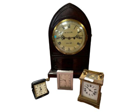 A mahogany and brass cased mantle clock, the cream circular dial with black Roman Numerals marked W. Tucker Exeter, with etch