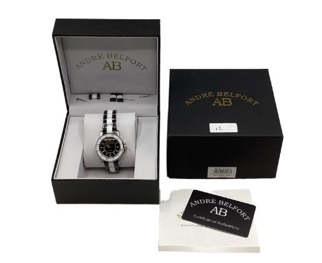 Andre Belfort gentleman's automatic wristwatch, black face with white enamel bezel, unworn boxed with COA and relevant paperw