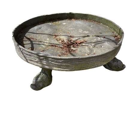 Lead planter base with four aquatic style feet, pair of heavy iron chairs, metal bucket, pair of wrought iron planters with i