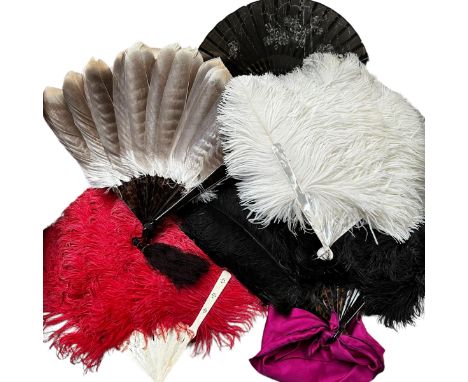 A quantity of vintage fans, to include three ostrich and another, and a boxed jet black and lace fan, and a spare box, Proven
