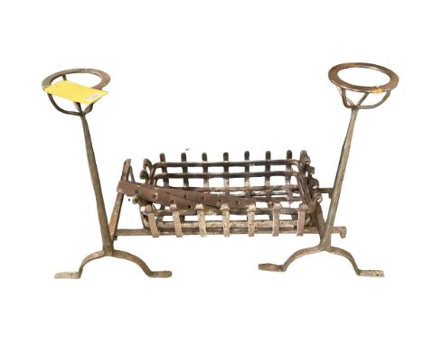 Fire grate (61cm wide overall), fire dogs (66cm H), fire screen (50 cm w), 