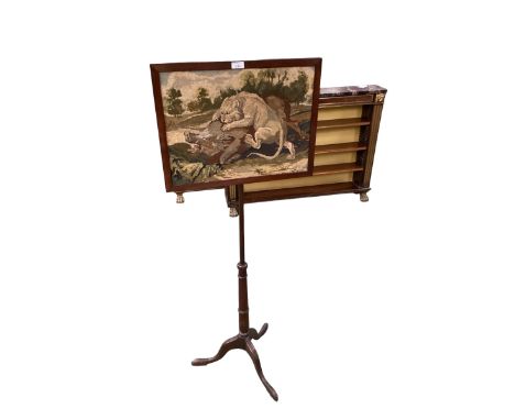 A mahogany framed tripod pole screen, with tapestry of lion and boar. 127cm(h) 