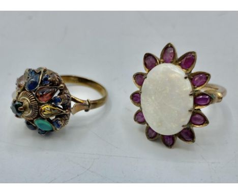 A 14ct gold Anglo Indian design dress ring set with cabochon citrines and garnets together with an unmarked yellow metal  opa