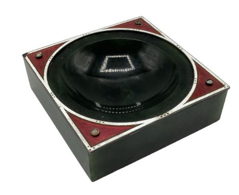 A Nephrite, white metal and engine turned enamel pin tray with old and rose cut diamond accents(one vacant setting) in the Fa