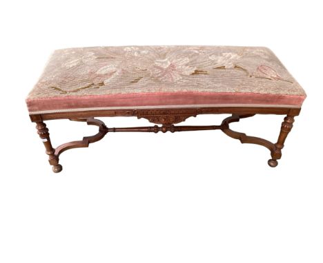 Rectangular carved hardwood window seat/duet stool with tapestry seat 122 cm L x 52.5 cm W x 52 cm H (approx) (tapestry incom