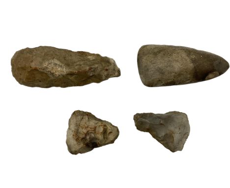 A collection of Stoneage/Neolithic flint or chert axe heads. Knapped and partially polished. By repute of the vendor discover