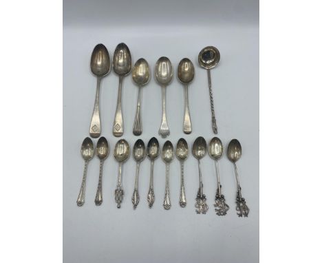 A collection of sterling silver flatware and an unmarked white metal toddy ladle. 357g. 