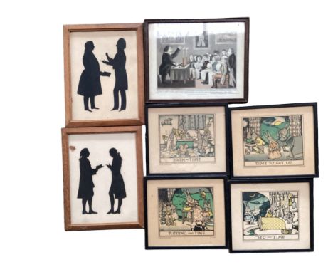A quantity of old framed and glazed silhouettes, and Dorothy Hutton prints bedtime cartoons, and a modern portrait print of a