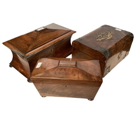 Sarcophogus shaped mahogany tea caddy with fitted interior and later glass bowl, and a gilt metal mounted walnut stationery b