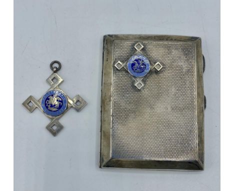 A sterling silver cigarette case with enamel badge. Polytechnic Harriers With matching enamel pendant. 93g 