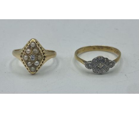 Two 18ct gold and diamond set rings. 4.1g. Size K/M. 