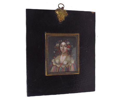 Miniature School (19th century) - Head and shoulders portrait of a young lady wearing flowers in her hair, gilt and ebonised 