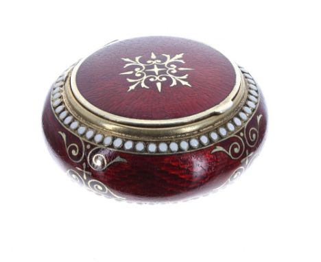 Silver-gilt enamelled circular box by David Anderson, with a hinged cover and ovoid body decorated with white enamel beaded b