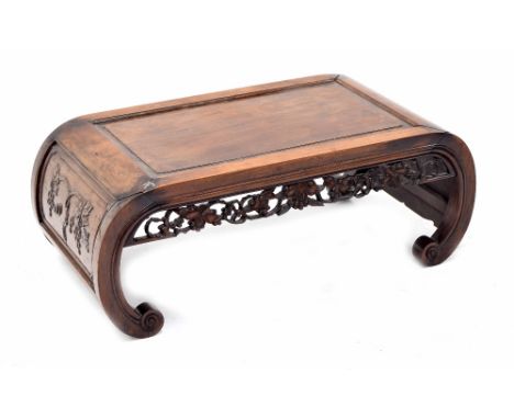 Chinese hardwood 19th century opium table, with foliate carved panelled bowed ends and pierced foliate carved frieze, 35.5" w