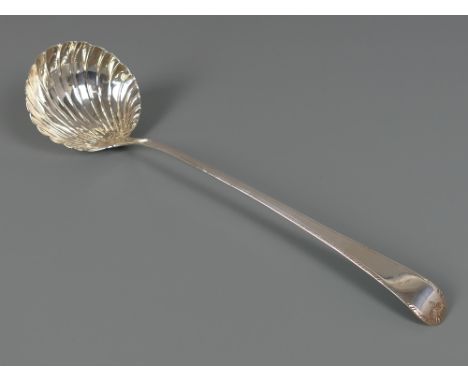 George III silver soup ladle with feather edge and scallop bowl, maker Robert Ross, London 1775, approx 13" long, 4.5oz t
