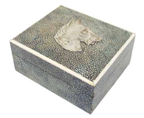 Early 20th century shagreen cigarette box, the hinged cover with applied white metal portrait of a dogs head, 4.5" wide, 4" d