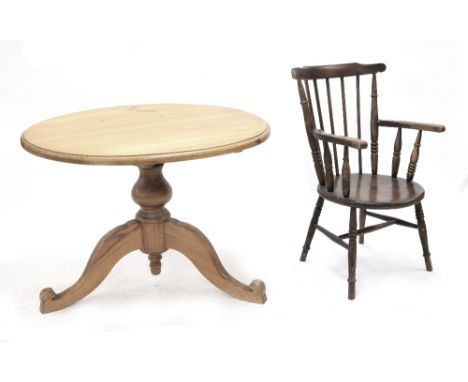 CIrcular pine breakfast table, the moulded top on turned support raised on three cabriole legs, 41" diameter, 30" high; toget