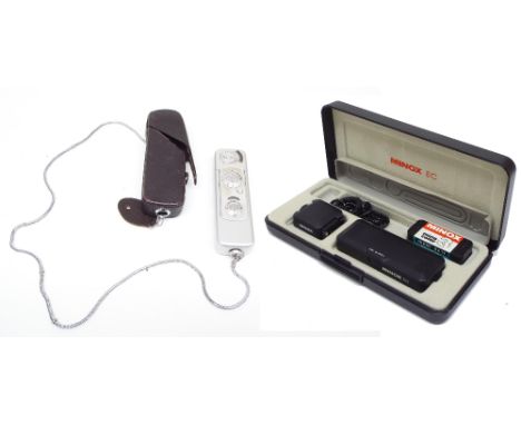 Minox Wetzlar Complan 1: 3.5 f= 15mm miniature/spy camera, in leather case with safety chain; together with a Minox EC miniat
