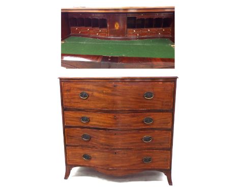 Good George III mahogany serpentine secretaire chest of drawers, the top with rosewood crossbanding over the fitted secretair