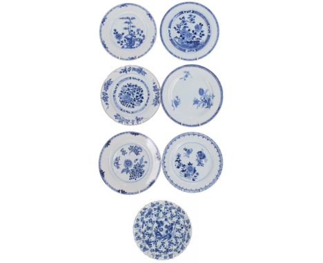 Collection of seven Chinese porcelain blue and white plates and shallow bowl, 18th century, the largest 9.25" approx (7) (som