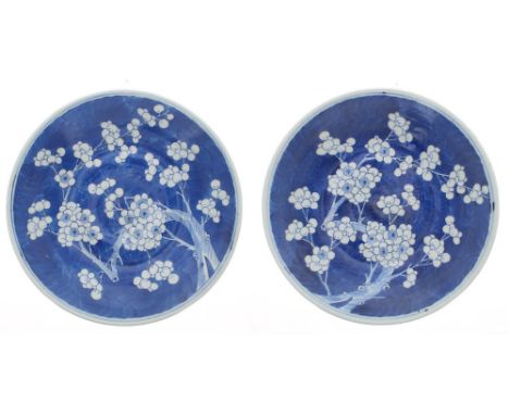 Pair of Chinese blue and white prunus blossom porcelain chargers, 12" diameter-** Provenance - From the Estate of Mr Roy Mood